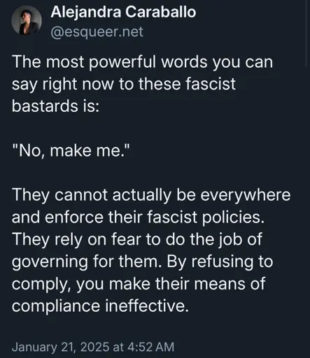 A Bluesky post from @esqueer.net that says: 

“The most powerful words you can say right now to these fascist bastards is:
"No, make me."
They cannot actually be everywhere and enforce their fascist policies.
They rely on fear to do the job of governing for them. By refusing to comply, you make their means of compliance ineffective.” 

Posted January 21, 2025 at 4:52 AM